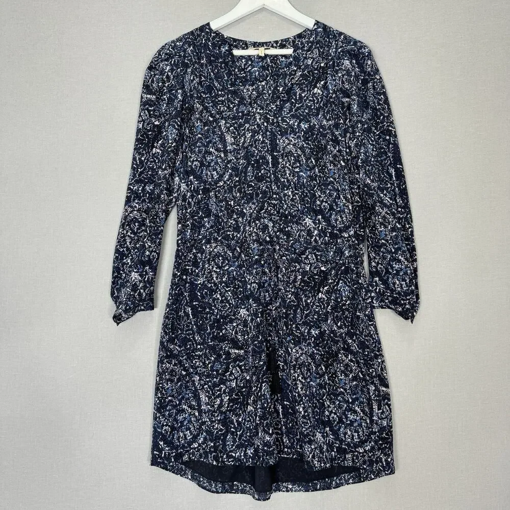 Rebecca Taylor 100% Silk Dress Womens 2 Blue Printed Cinched Tassel Puff‎ Sleeve